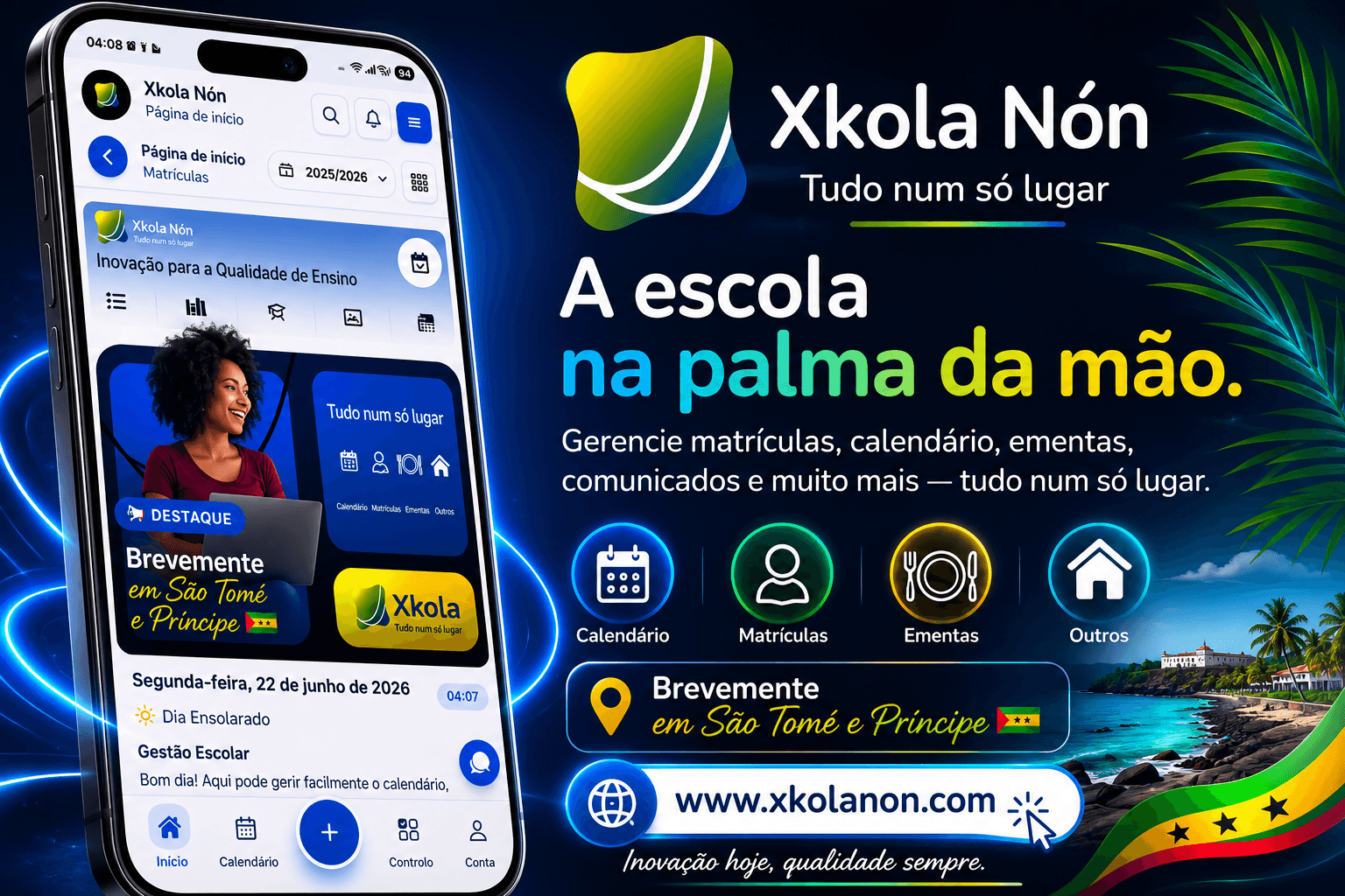 Xkola Nón — a escola na palma da mão: matrículas, calendário, ementas e comunicados num só lugar.